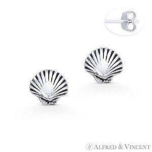 Scallop Clam Seashell Studs .925 Sterling Silver Sea Animal Charm Stud Earrings